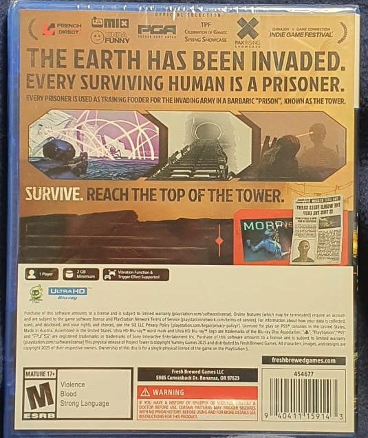 Game box with text and graphics, featuring a tower and prisoners.