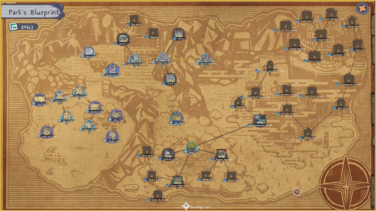 A parchment-style map labeled 'Park's Blueprint' with many small blue and gray building icons placed across the surface, connected by thin lines. The map has a warm tan/brown background with decorative border details and a compass rose in the lower right corner.