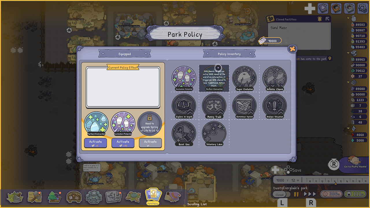A screenshot of a digital game interface showing a 'Park Policy' inventory panel with various badges and icons, set against a dark fantasy map background.