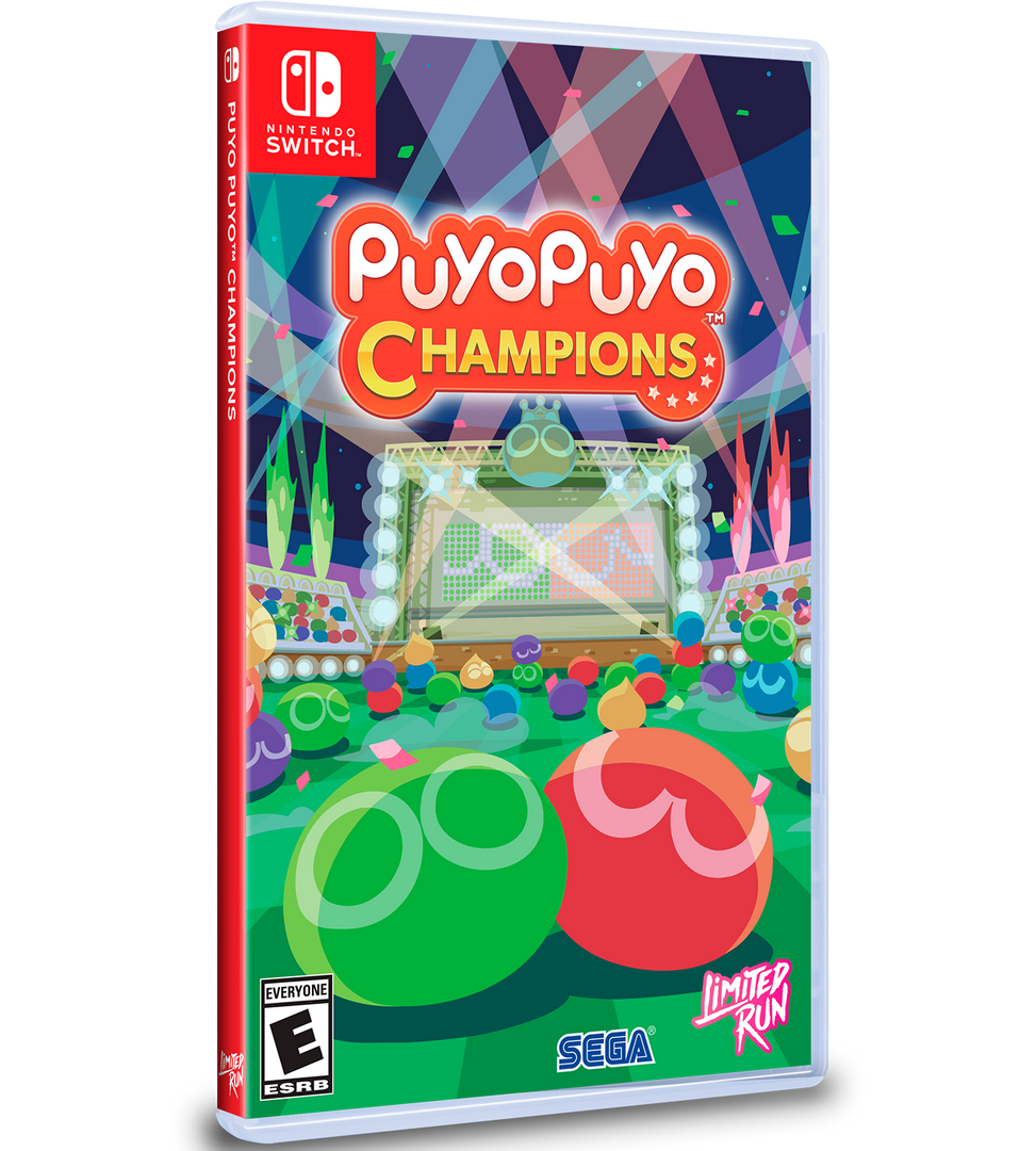 Game case for 'Puyo Puyo Champions' on Nintendo Switch with colorful design and Sega logo.