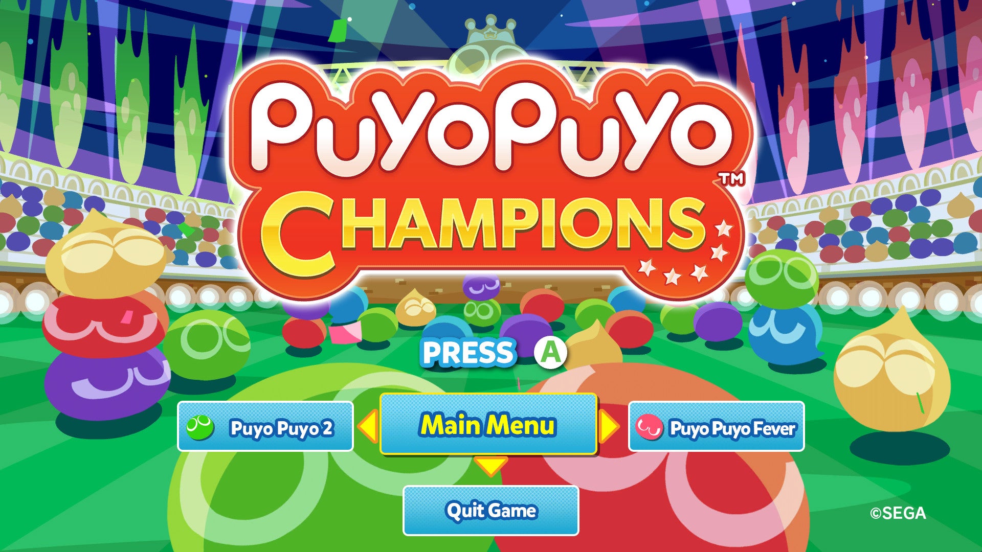 Puyo Puyo Champions game interface with colorful characters and menu options.
