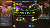 Game interface with 'Mana Storm' text and character stats on a dark background