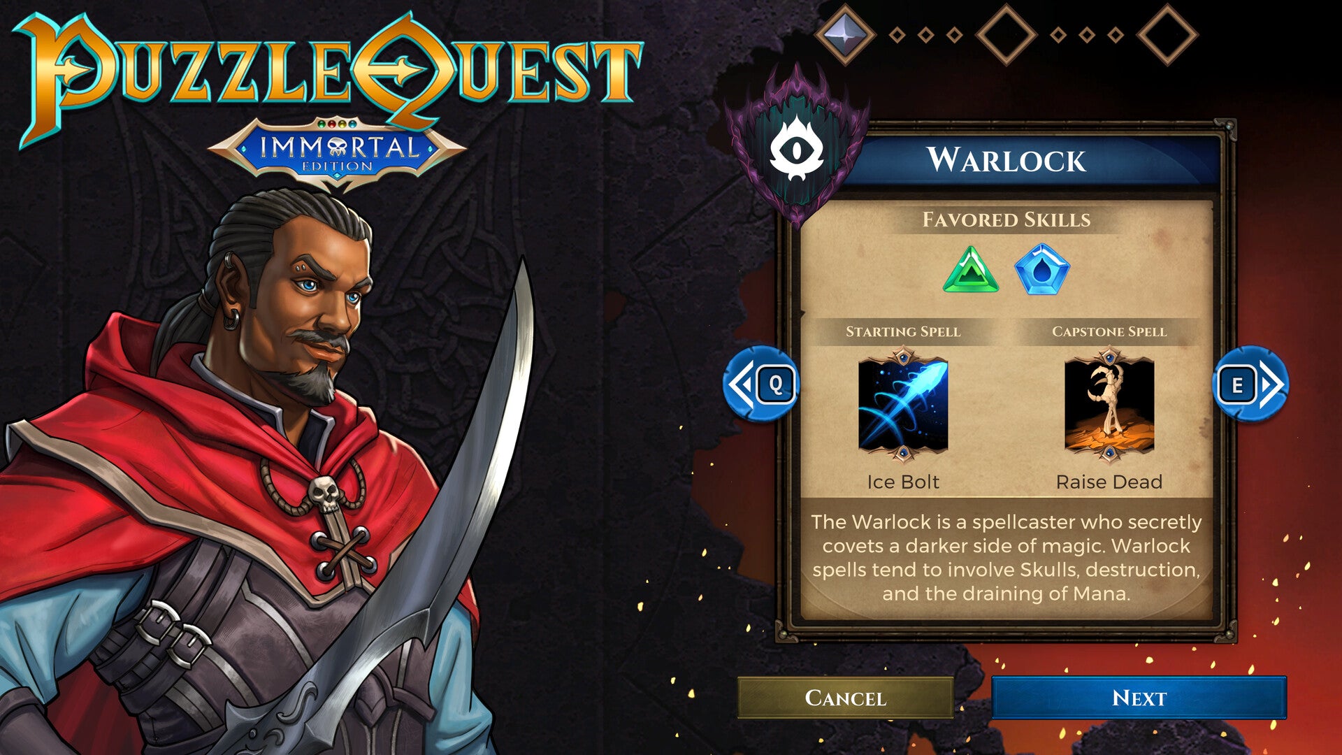 Game interface from 'Puzzle Quest' showing a Warlock character and skills.