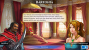 Game interface with characters Dendros and Queen Gwendolyn in a regal room, featuring text about Bartononia.