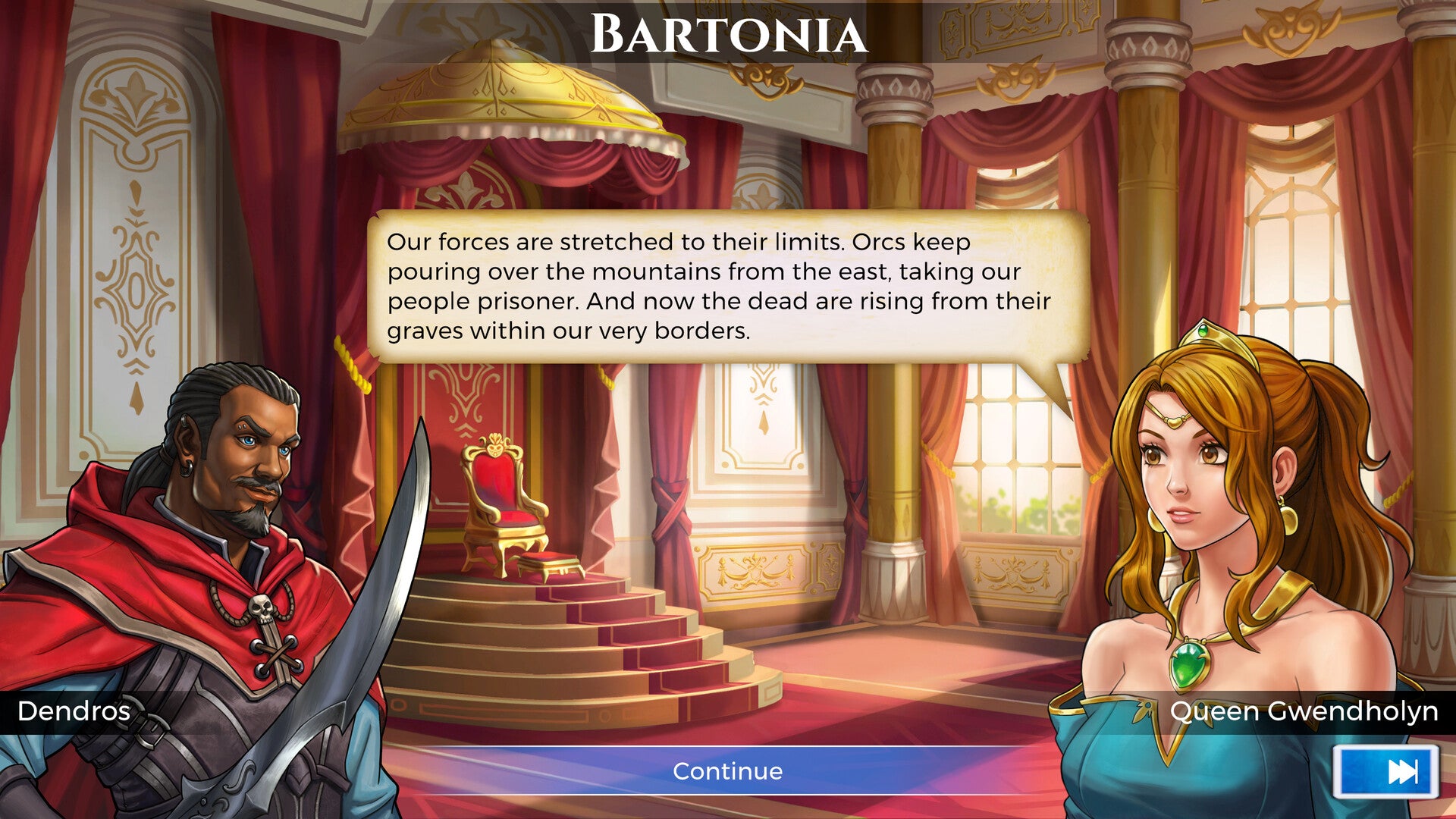 Game interface with characters Dendros and Queen Gwendolyn in a regal room, featuring text about Bartononia.