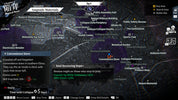 A screenshot of a video game map interface titled 'Amplemp Materials' showing a dark tactical city layout with labeled buildings, landmarks, and interactive zones. The map includes text such as 'Shimokita Hachiman,' 'Conventione Store,' and 'Soul-Devouring Hope.
