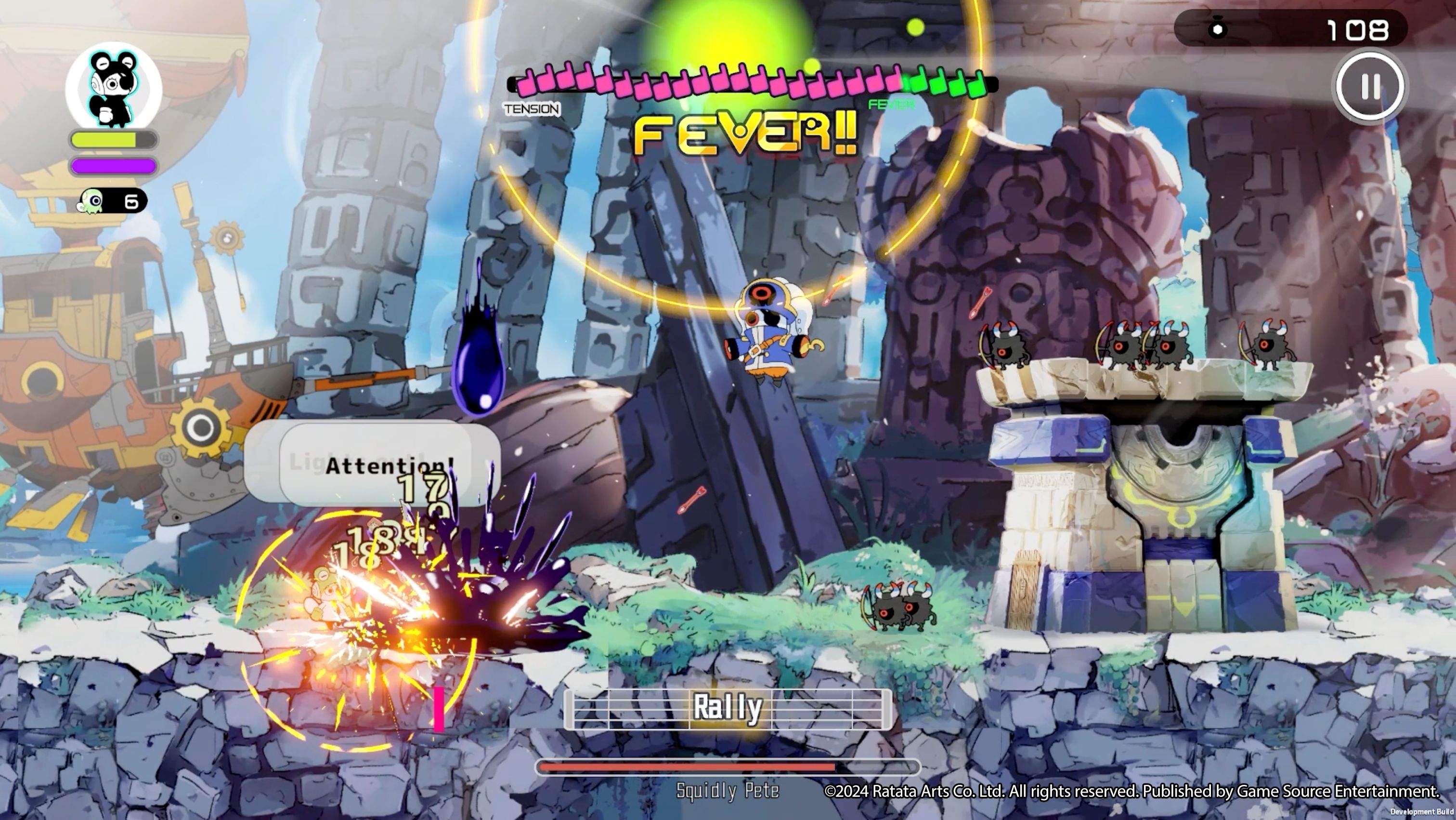 Game screen with character in a battle scene, colorful graphics, and text indicating 'Fever' and 'Attention'.