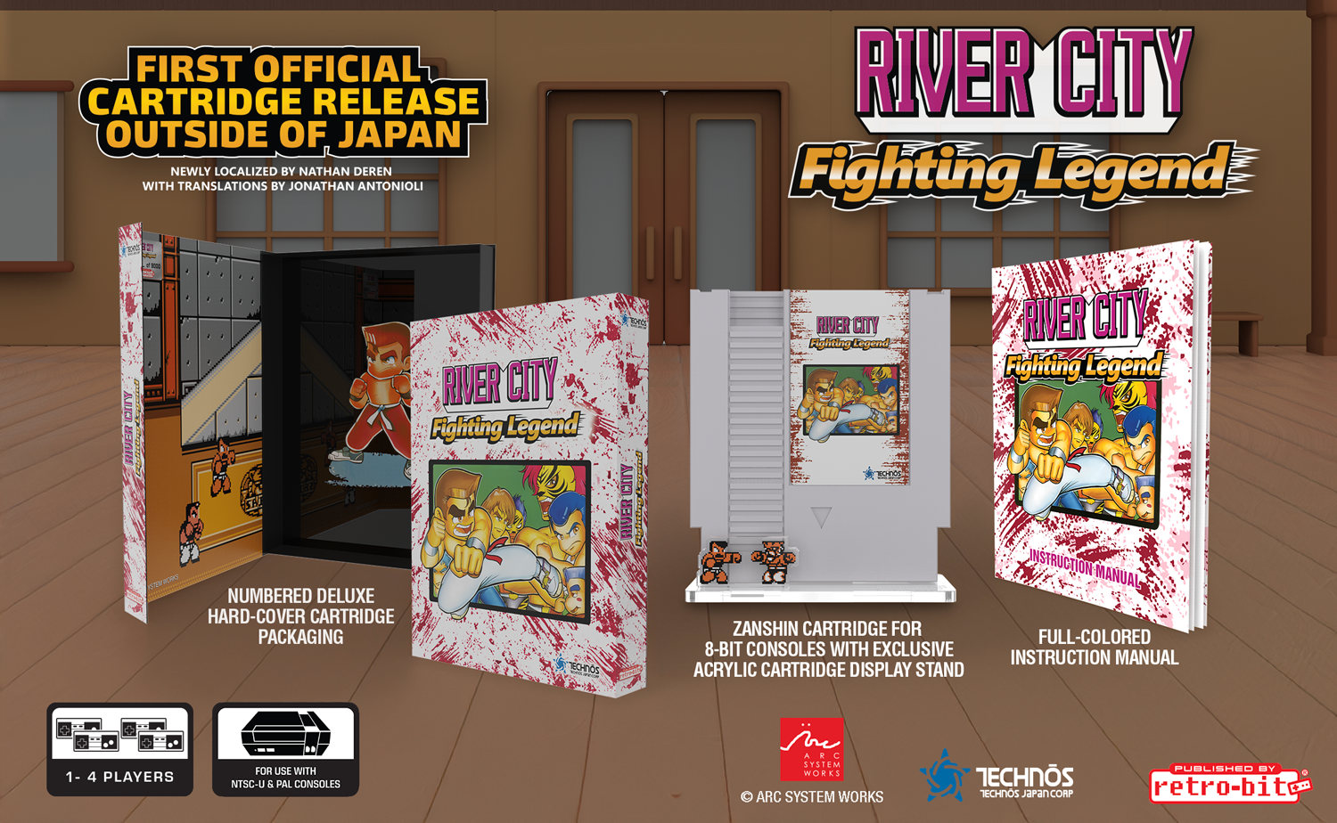 River City Fighting Legend cartridge packaging with stand and manual on a wooden floor.