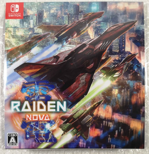 Game case for 'Raiden Nova' with futuristic jets and cityscape background