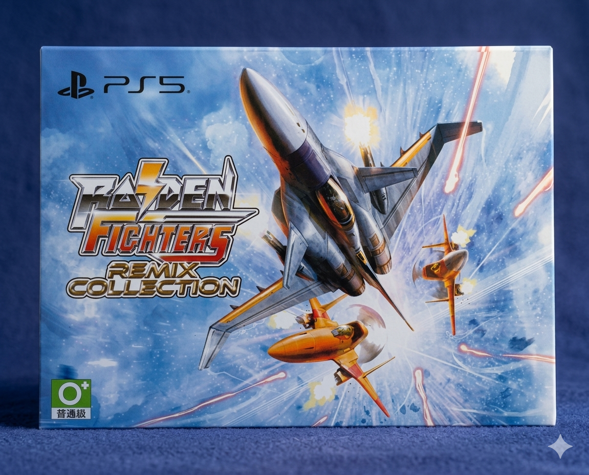 PlayStation 5 game case for 'Thunder Fighters Remix Collection' with fighter jets on a blue background.