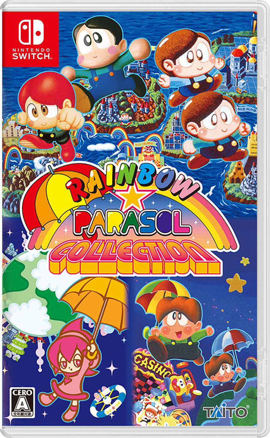 Game case for 'Rainbow Parasol Collection' on Nintendo Switch with colorful characters and umbrellas.