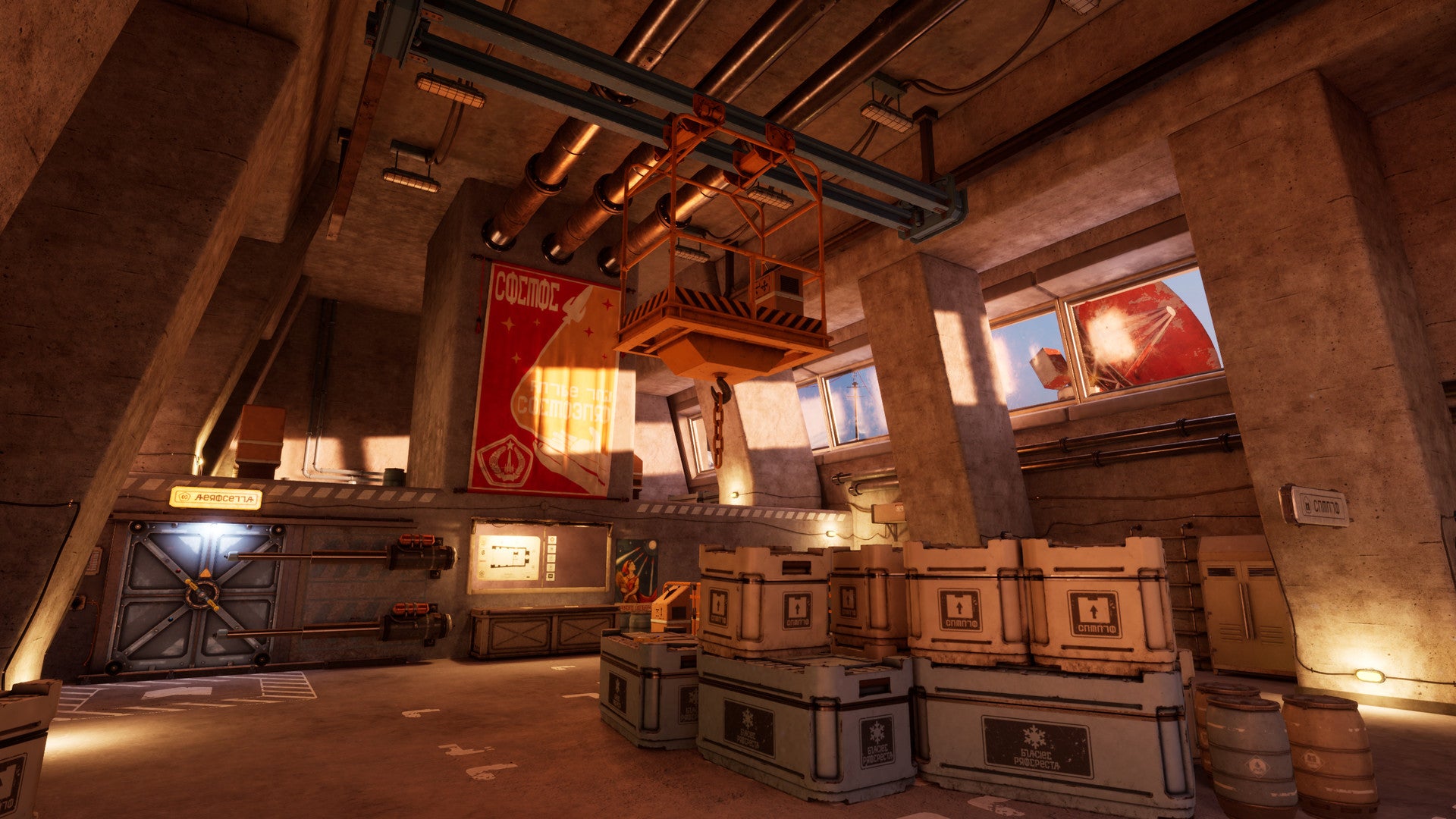 Industrial interior with crates, barrels, and hanging lights