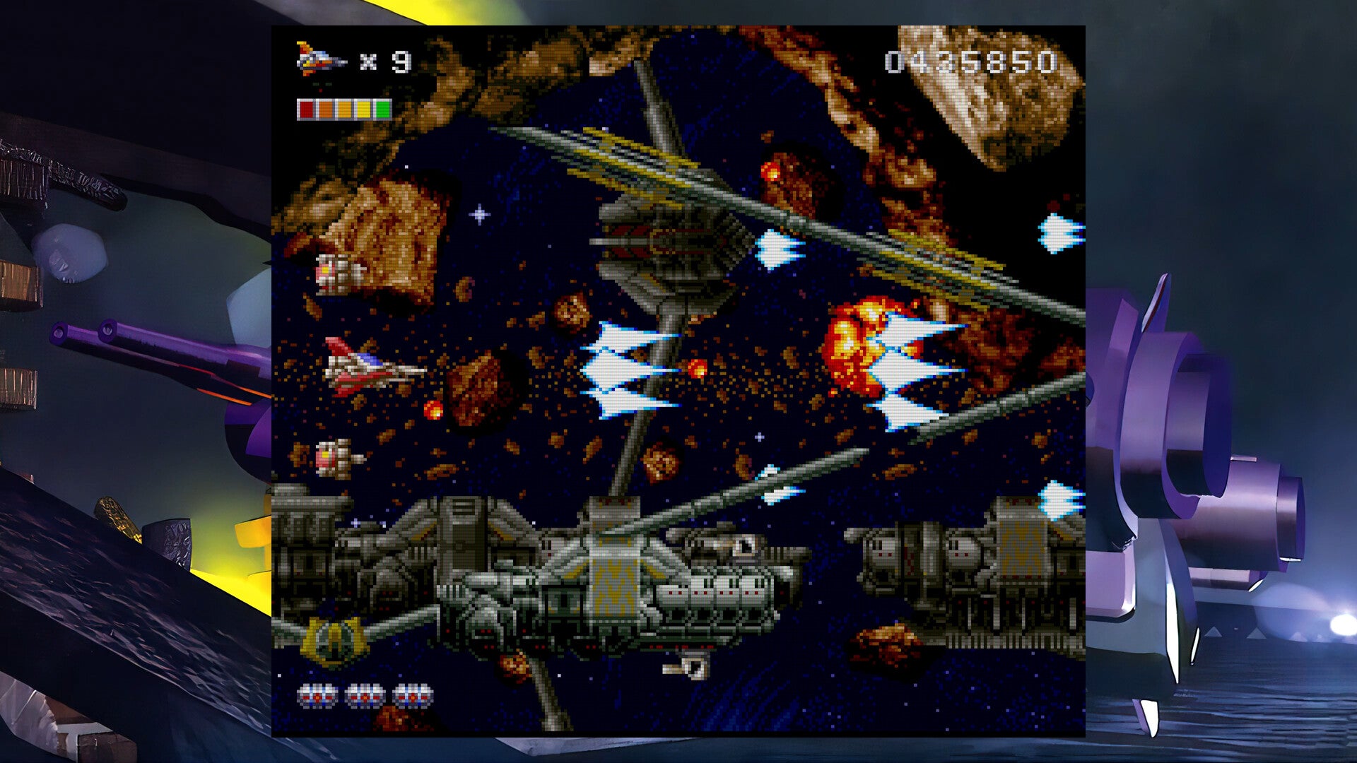Space shooter game with spaceship and asteroids on a dark background