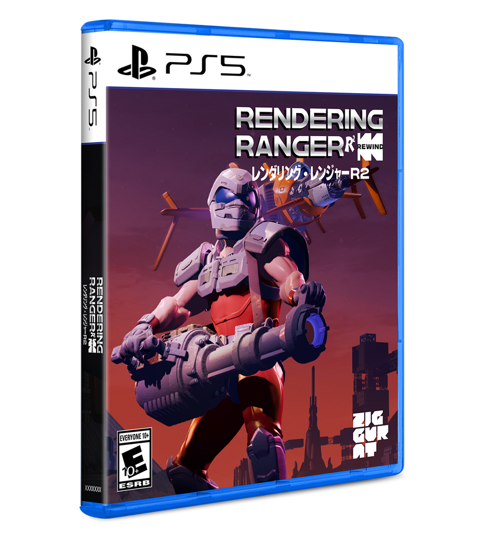 Game box for 'Rendering Ranger' on PS5 with character and cityscape design.