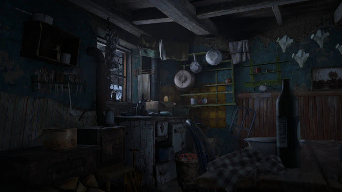 Darkly lit rustic kitchen with wooden furniture and various items.