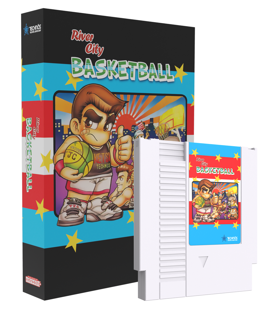 River City Basketball game box with character illustration on a white background