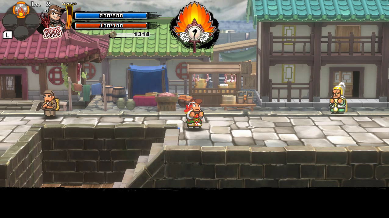 Screenshot of a pixel art-style video game with characters and buildings.