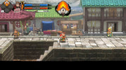 Screenshot of a pixel art-style video game with characters and buildings.
