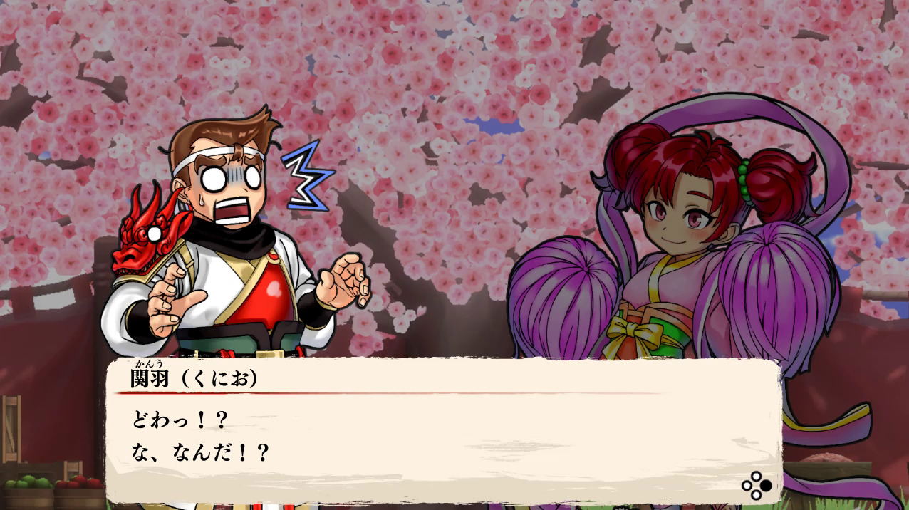 Two animated characters in a conversation with a cherry blossom background