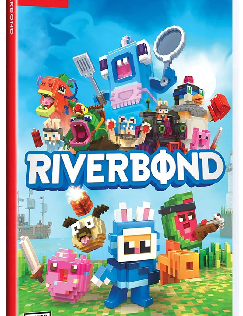 Nintendo Switch game case for RiverBOND, featuring colorful block-style game artwork with characters and a bright blue sky background on the cover.