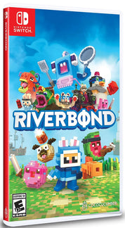Nintendo Switch game case for RiverBOND, featuring colorful block-style game artwork with characters and a bright blue sky background on the cover.