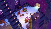 A top-down isometric view of a fantasy pixel-art dungeon scene with purple stone walls, glowing pink orbs, a yellow ladder, and several small character figures in a snowy blue-gray floor area.
