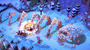 A blocky, isometric winter scene with snow-covered ground, icy structures, glowing orange fire, stylized trees, and small colorful characters in a pixel-art game-like environment.