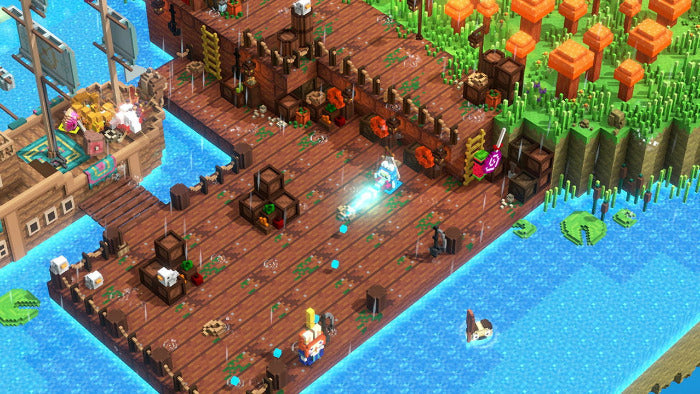 Pixel-art scene of a wooden dock surrounded by blue water, with a ship on the left, grassy shoreline with orange blocks on the right, and small character figures on the dock.