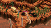 Pixel-art desert landscape scene with a small village, cacti, blocks of terrain, and several tiny character figures in a retro isometric game-style rendering.