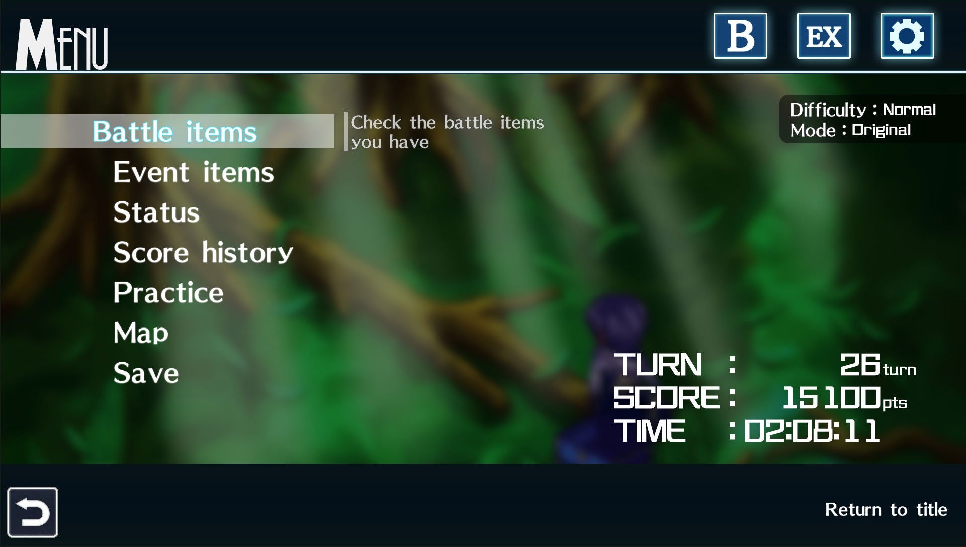 Game menu screen with options and game statistics on a blurred background