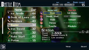 Game interface showing a list of battle items with details like name, quantity, and skills.