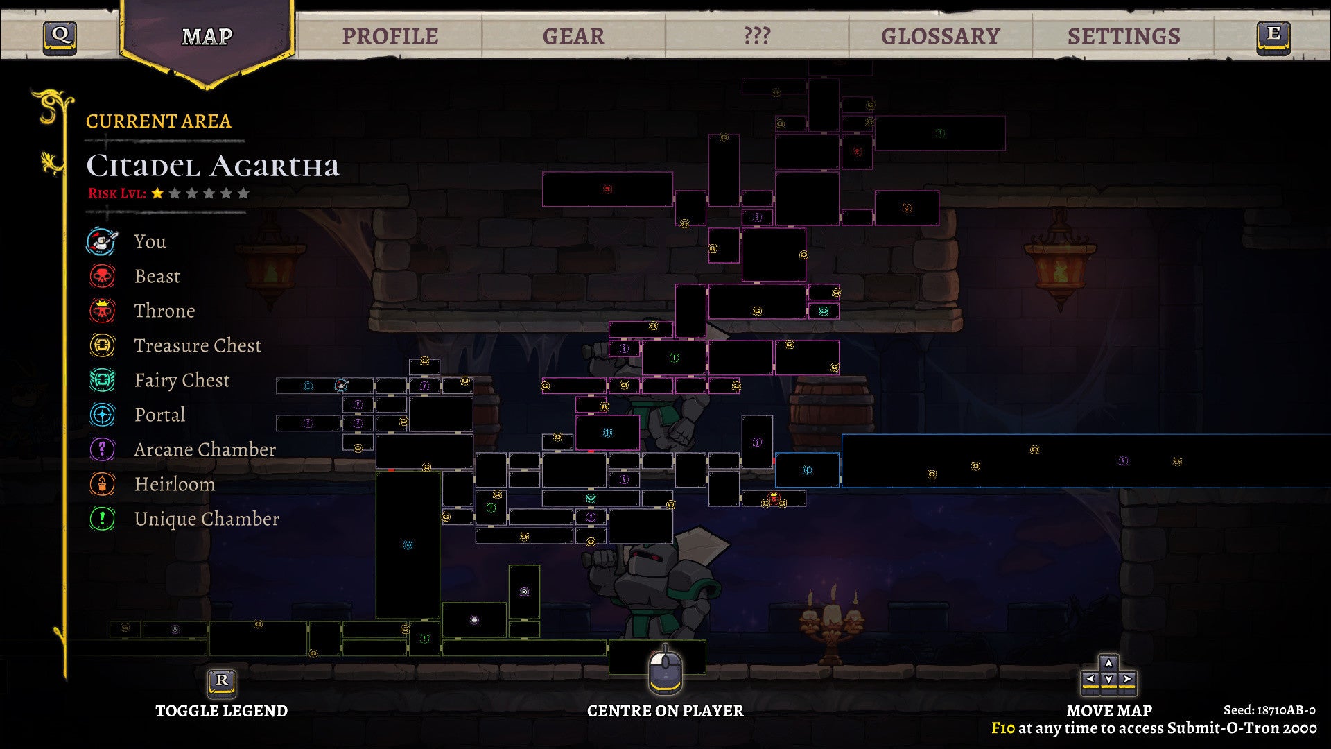 Game map interface with various locations on a dark background
