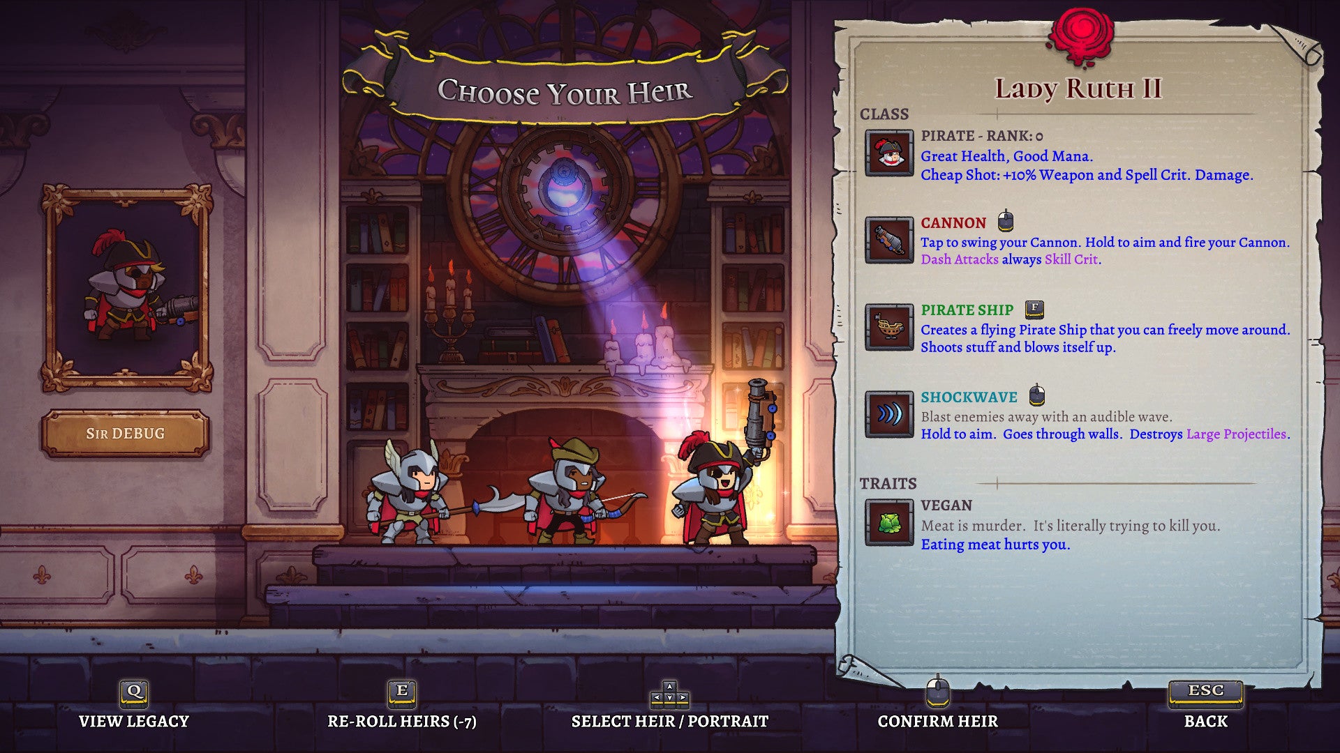Game interface with character selection screen and detailed character information panel.