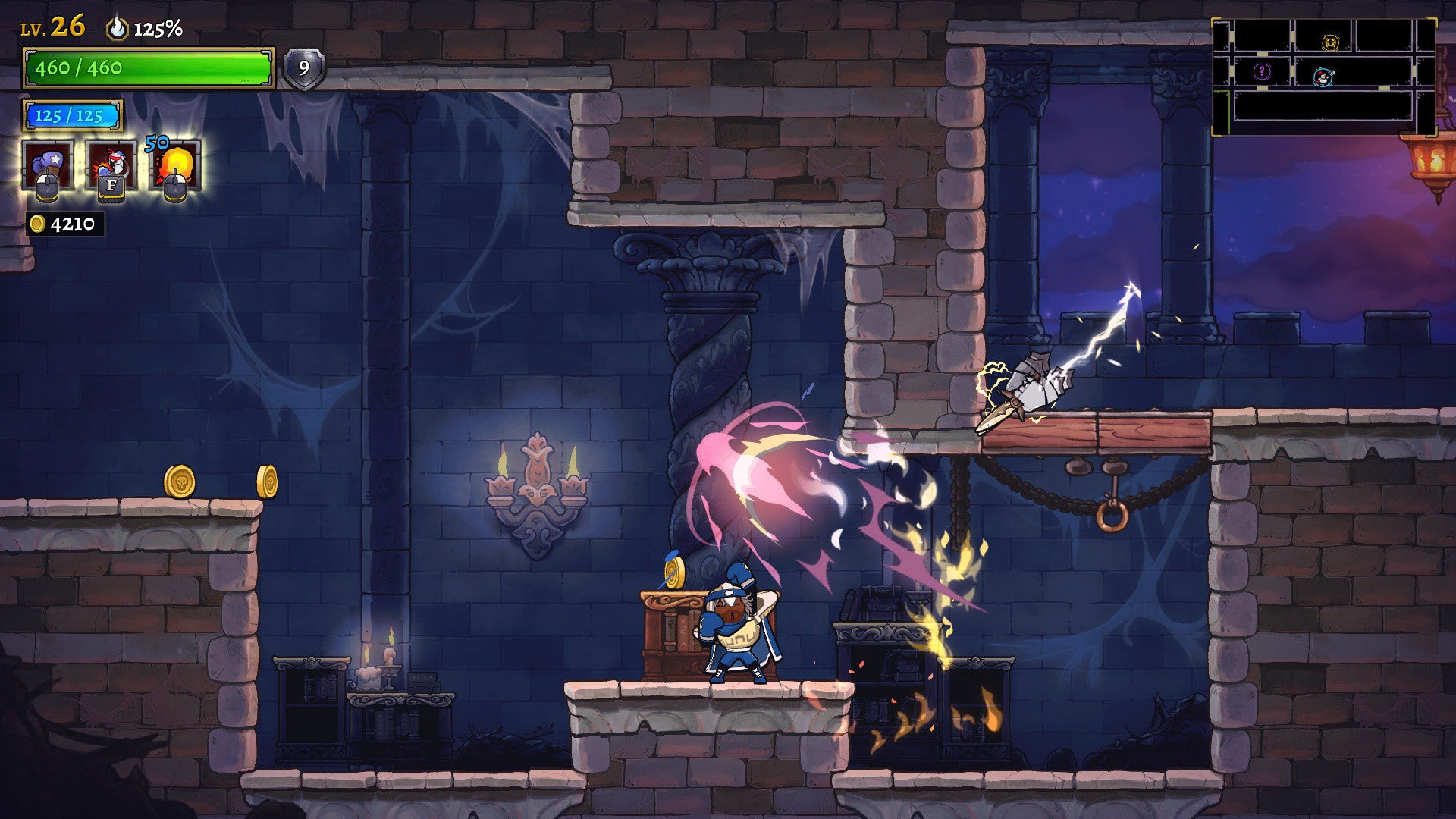 Platformer game scene with character and enemies in a dungeon-like setting