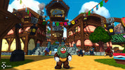 Cartoon character in a village with wooden buildings and colorful flags.