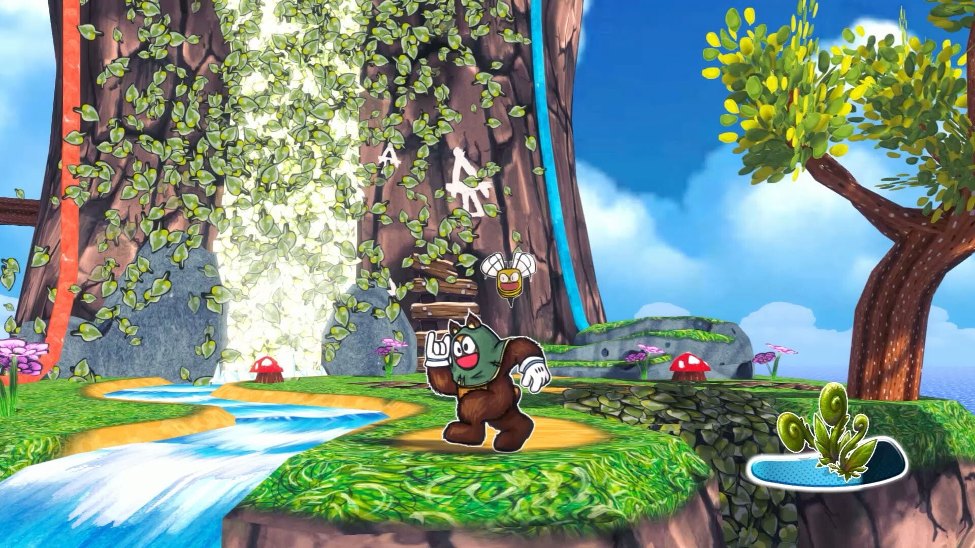 Cartoon character in a lush, animated environment with trees and waterfalls.