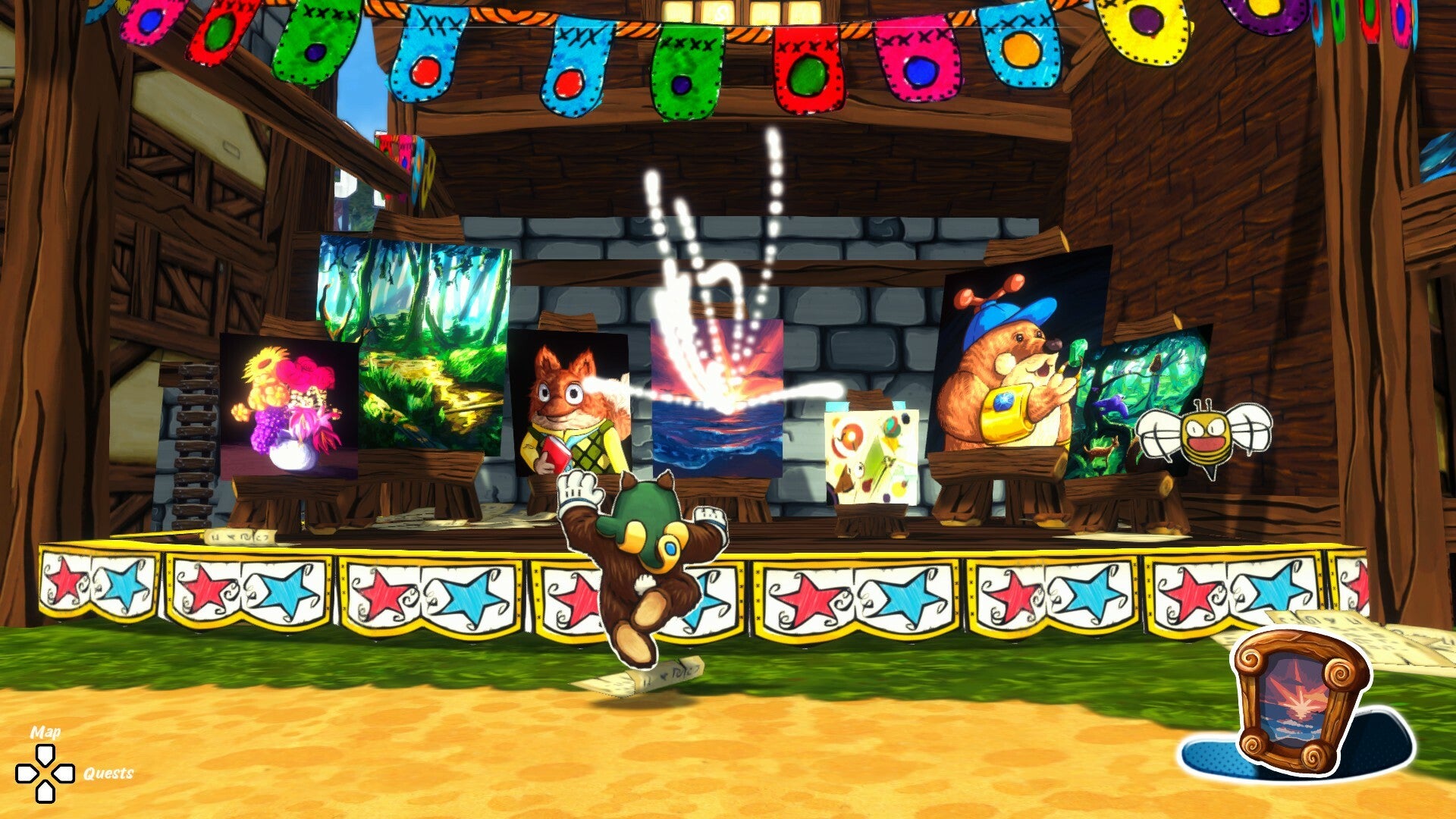 Animated scene with characters in a festive setting, likely from a video game or animated show.