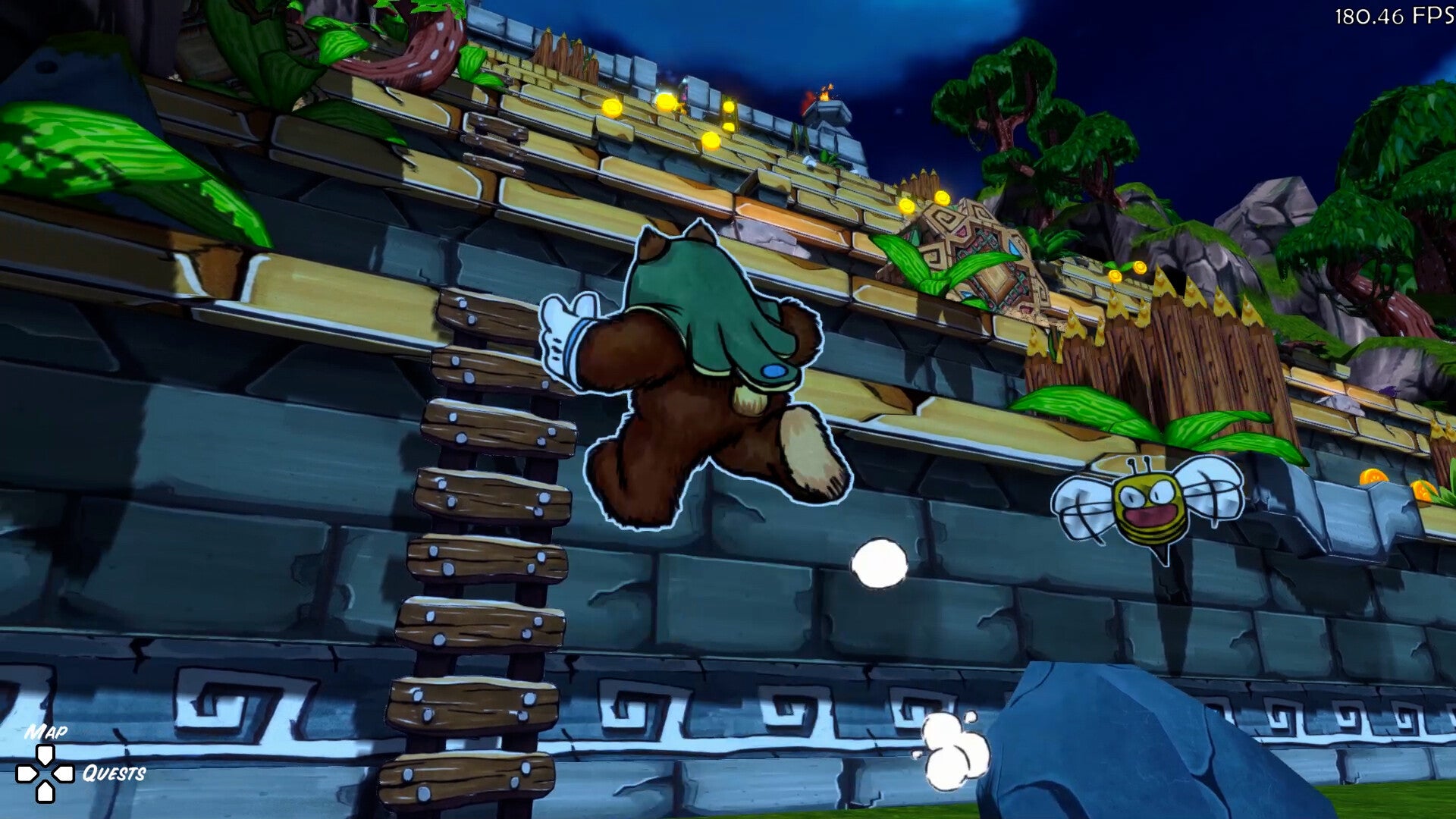 Platformer game scene with characters on a ladder and platform