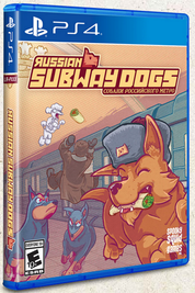 PlayStation 4 cover for the game Russian Subway Dogs, featuring colorful cartoon-style illustrations of dogs and a human on a subway train.