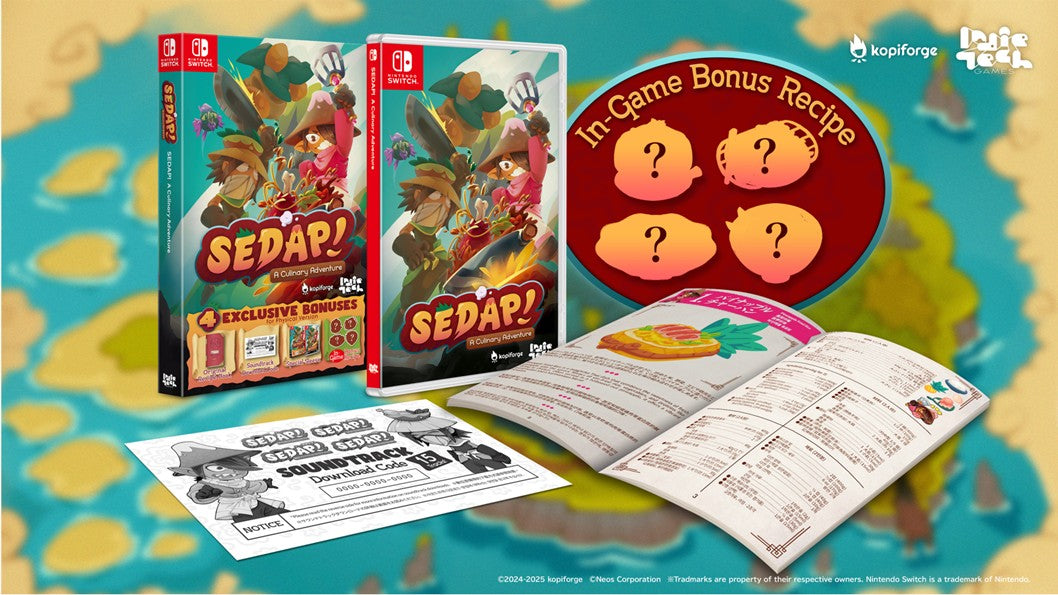 SEDAR! game packaging with bonus recipes and coloring book on a colorful background