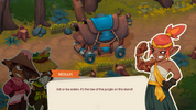 Cartoon character in a jungle setting with a dialogue box.