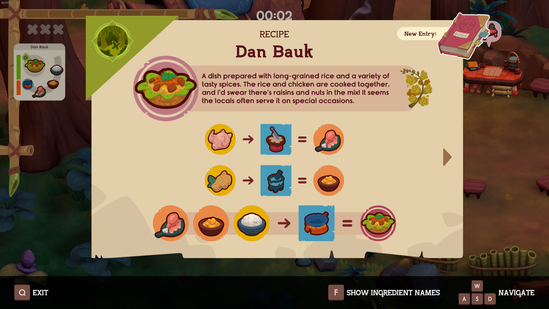 Game interface showing a recipe for 'Dau Baok' with step-by-step icons.