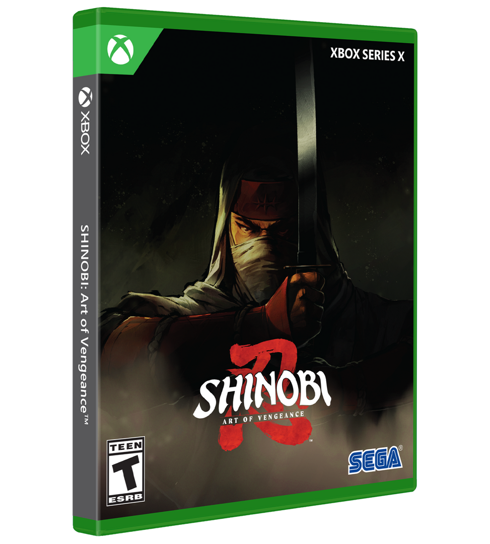 Game box for 'Shinobi: Art of Vengeance' on Xbox Series X with a hooded figure and red symbol.