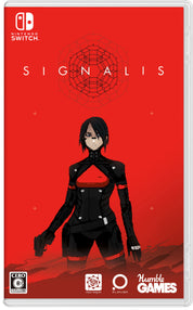 Game cover for 'Signalis' on Nintendo Switch with a character in black attire on a red background.