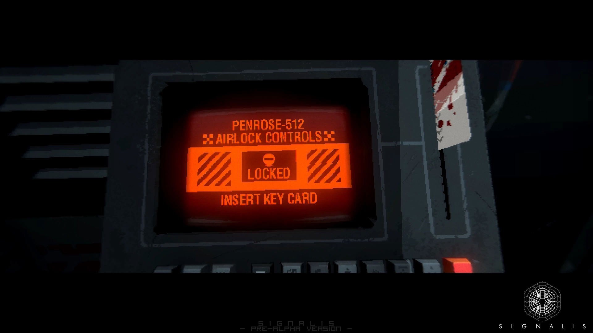Digital display with text 'PENALOG-512 AIRLOCK CONTROLS LOCKED INSERT KEY CARD' on a dark background