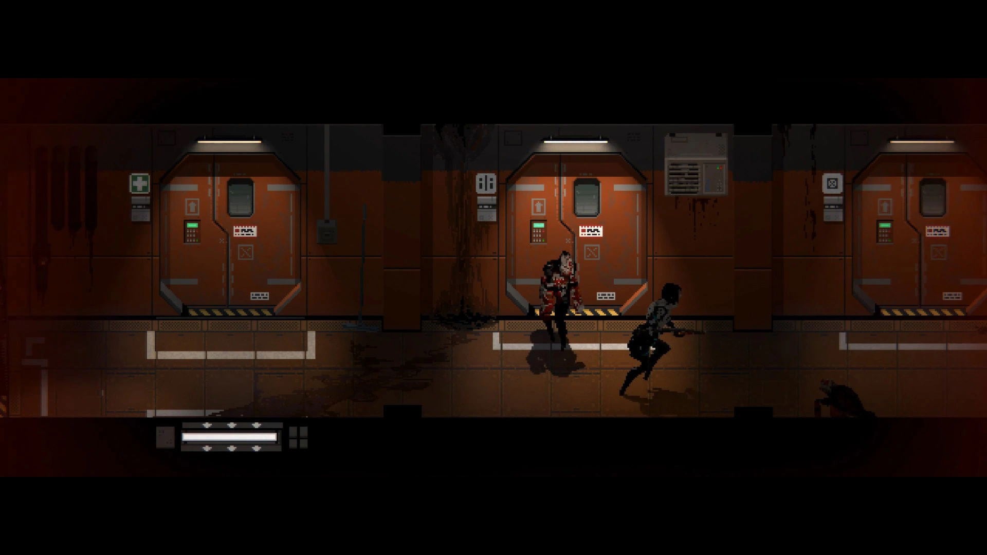 Game scene with two characters in a corridor with lockers.