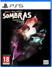PS5 game cover for Sombras: Negative Frames Special Frame Edition, featuring illustrated artwork of a red-haired character in a dark cloak holding glowing crystals, with PS5 branding and an 18 rating logo.