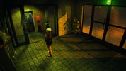 A person in a dark outfit stands in a tiled hallway with greenish-yellow lighting, looking toward a door. The scene has a moody, low-light atmosphere with glass doors on the right and a plant in the background.
