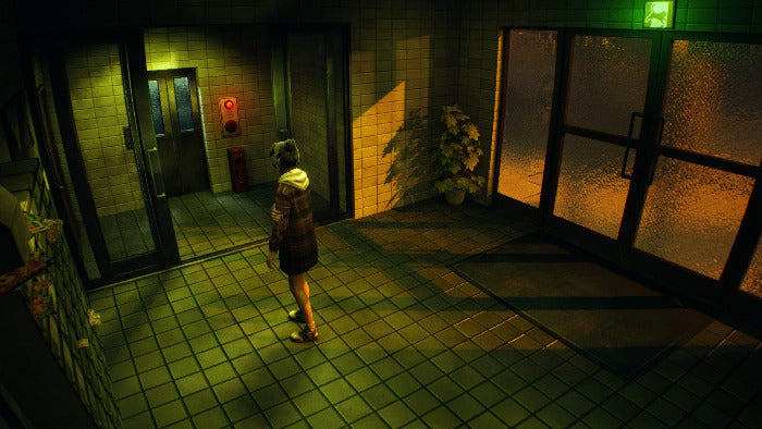 A person in a dark outfit stands in a tiled hallway with greenish-yellow lighting, looking toward a door. The scene has a moody, low-light atmosphere with glass doors on the right and a plant in the background.