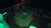 A dark, atmospheric scene showing a person standing in a dim outdoor courtyard with a hopscotch grid drawn on the ground. The scene is heavily tinted green and shadowy, with tall dark silhouettes around the perimeter and a small cart or bicycle-like object to the right.
